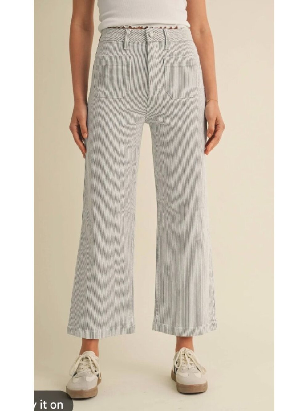 Just Black Denim Wide Leg Pinstripes Jeans Women Blue 29 Nautical Patch Pockets